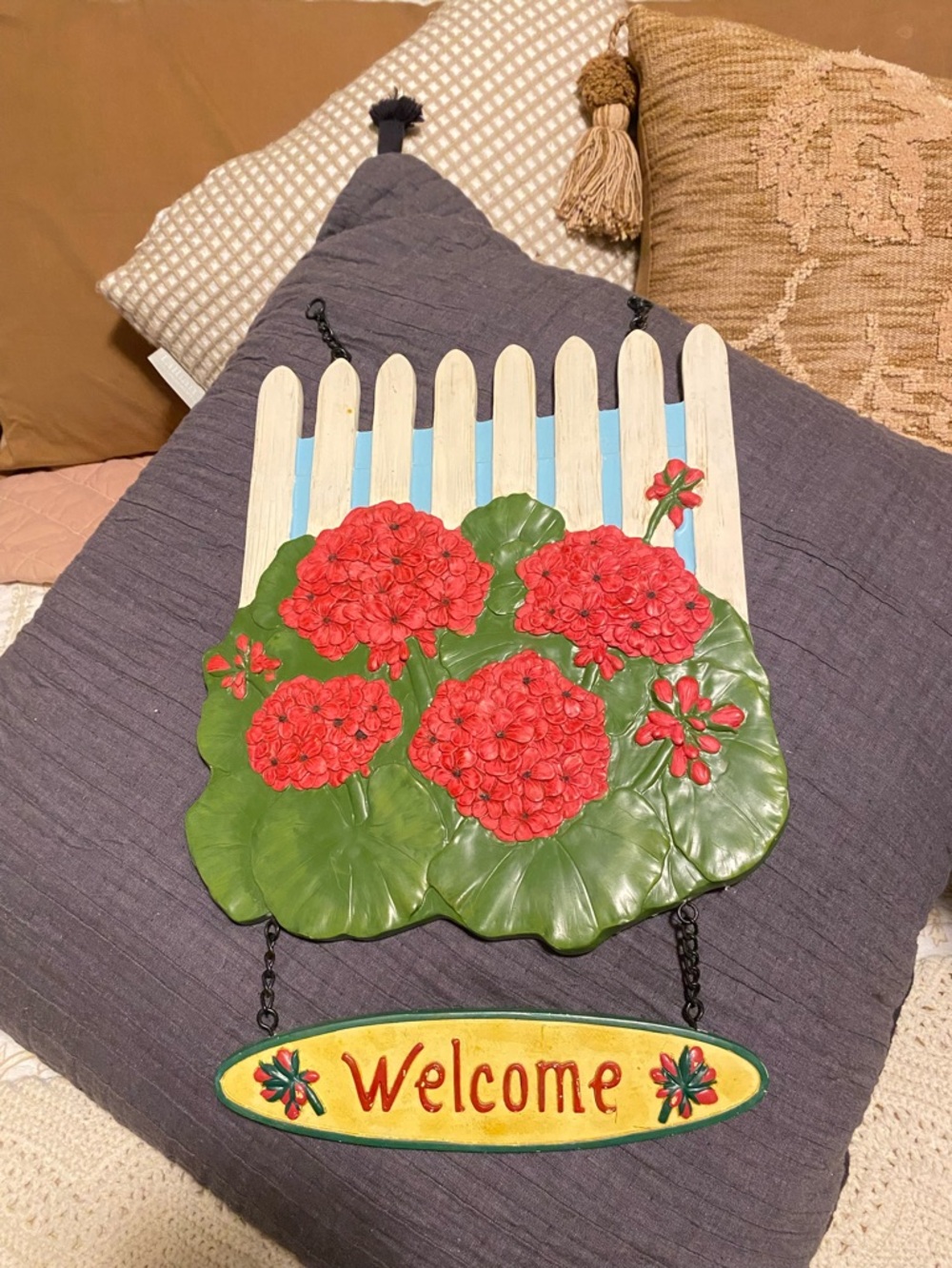 Hand-Painted Vintage Colorful Red Geranium Floral Welcome Hanging Wood/Clay Sign